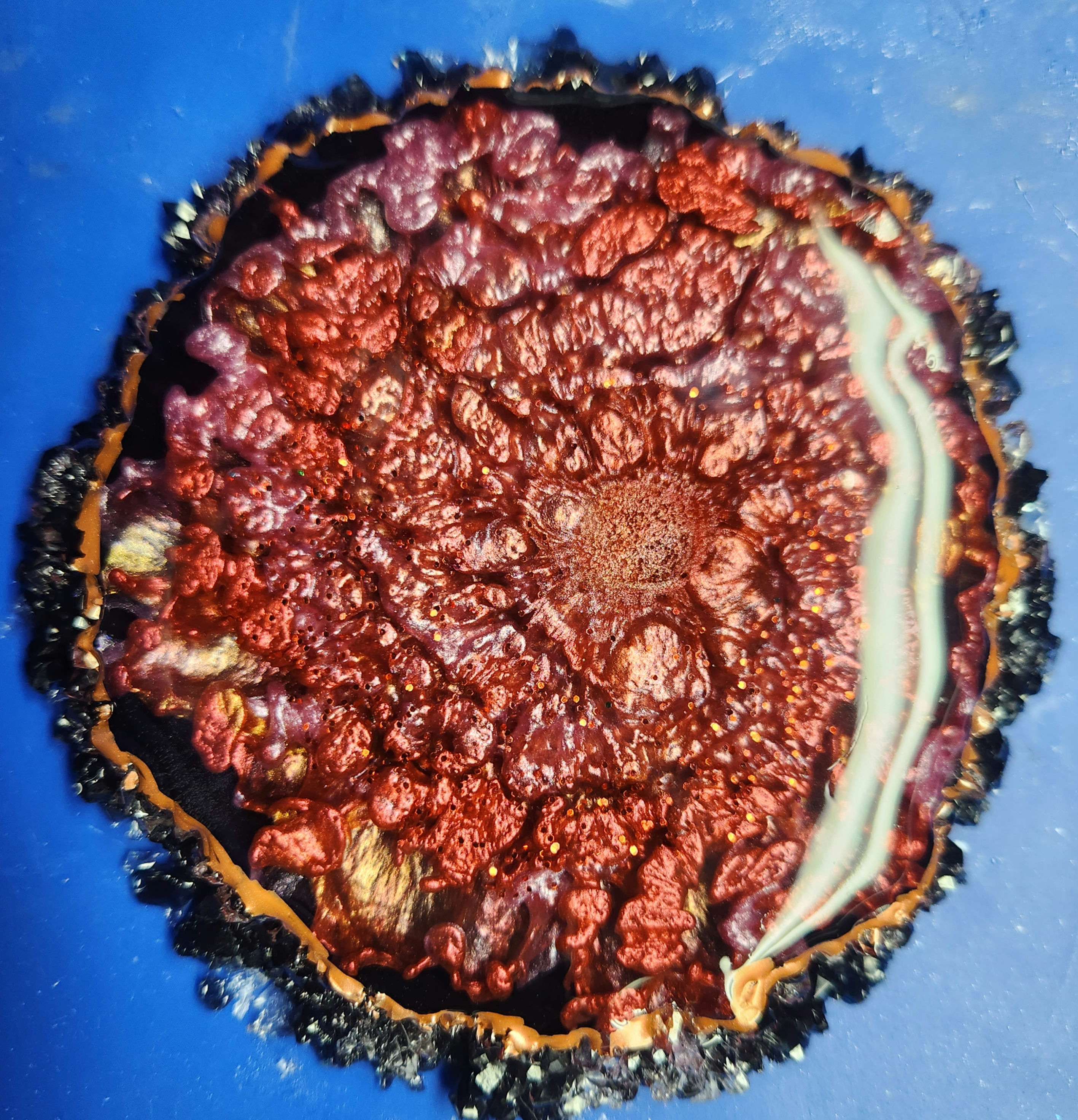 Red and pink on black geode coaster