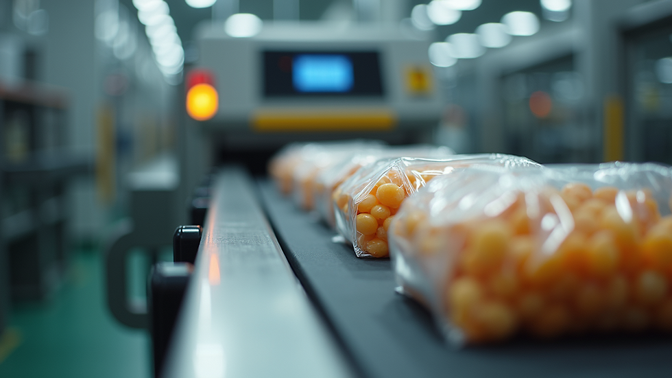 Close-up view of metal detector installed on a conveyor belt with packaged food products
