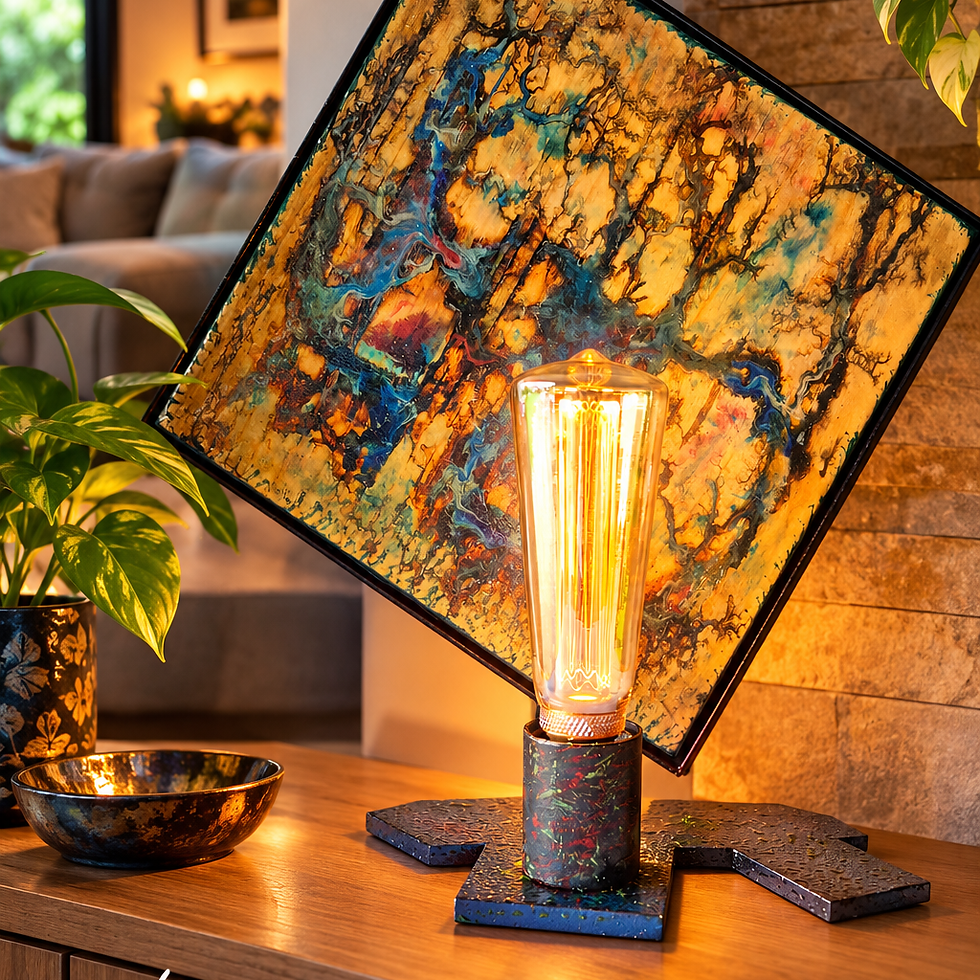 Lampe artisanale et art abstrait chaleureux.png