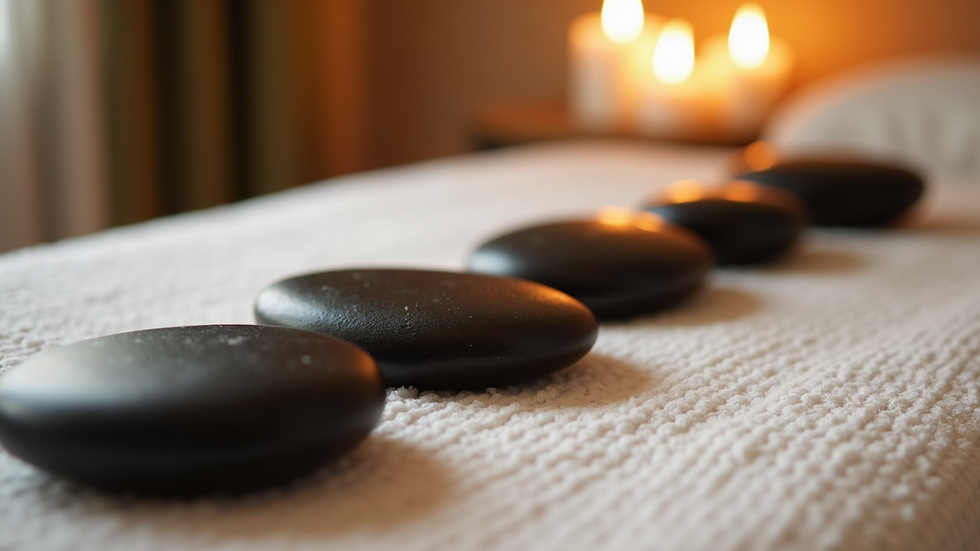 Close-up view of hot stones arranged on a massage table ready for therapy