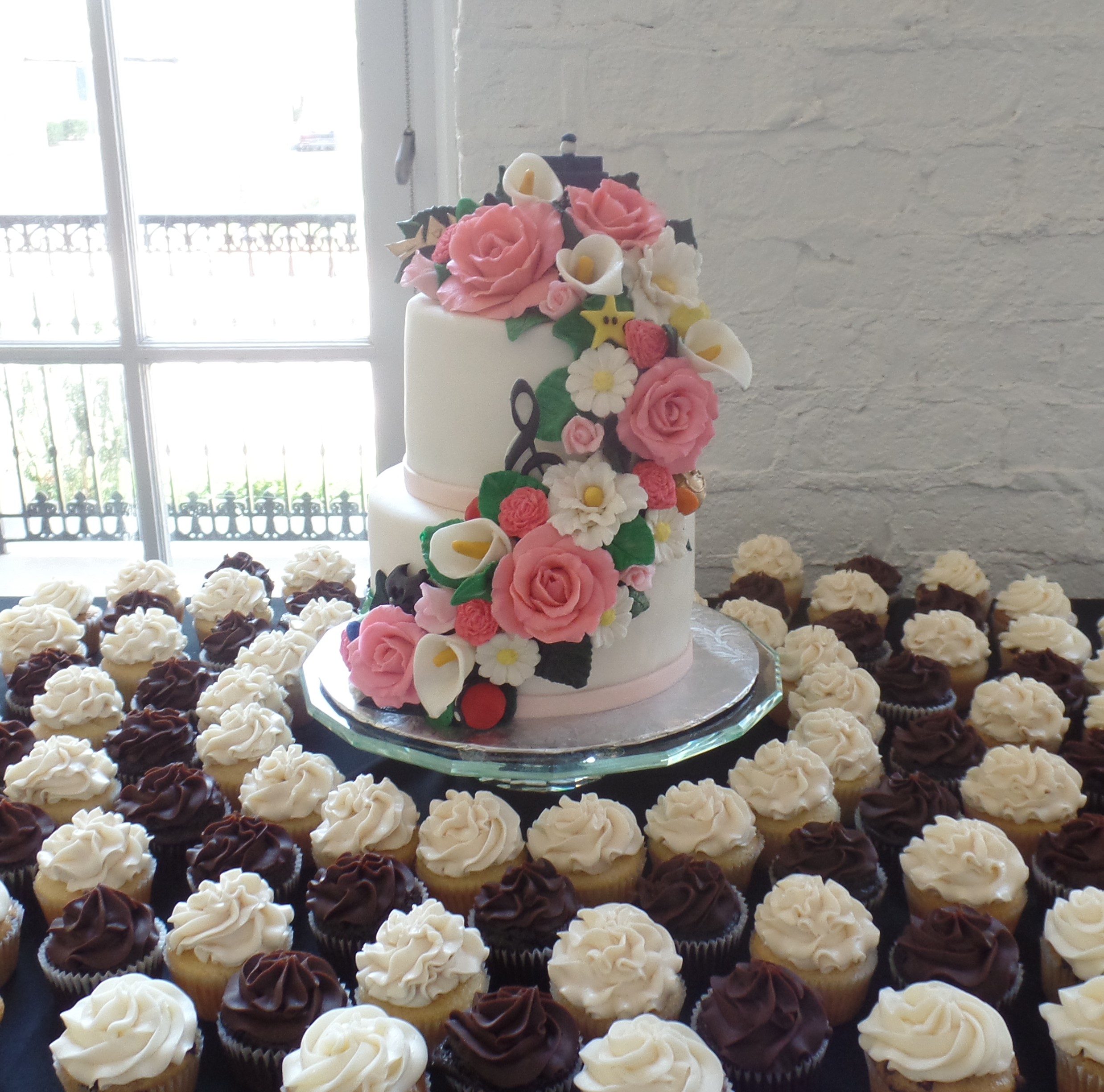 Floral Wedding Cake and Cupcakes