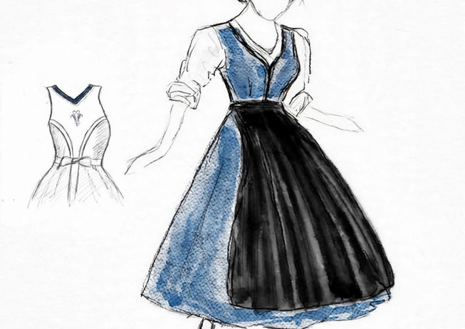 Konzeptblatt Bad Loipersdorfer Sonntagstracht – Illustration Dirndl mit Stoffmustern und Schnitt – STUDIO SIEGL mit Heimatwerk Graz