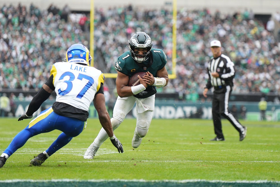 Eagles QB1 Jalen Hurts struggled all day. He passed for just 93 yards, was sacked four times and rushed five times for 18 yards. Photo by Andy Lewis.