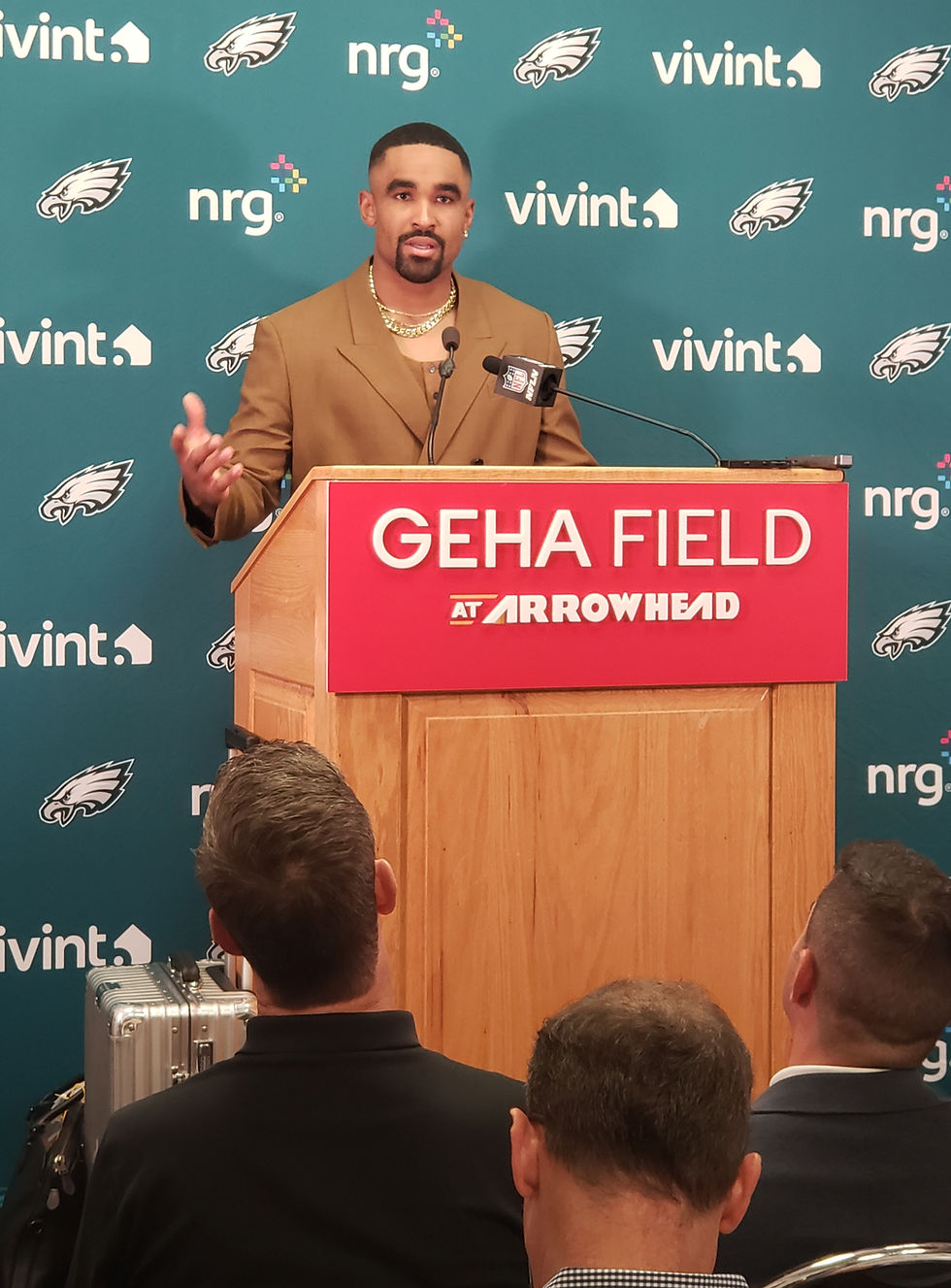 Jalen Hurts speaks to the media after the Eagles knocked off the Kansas City Chiefs 20-17 at Arrowhead Stadium. Photo by Al Thompson.
