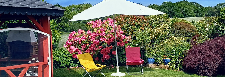 Espace détente dans le jardin fleuri de La JacoBinic avec barbecue
