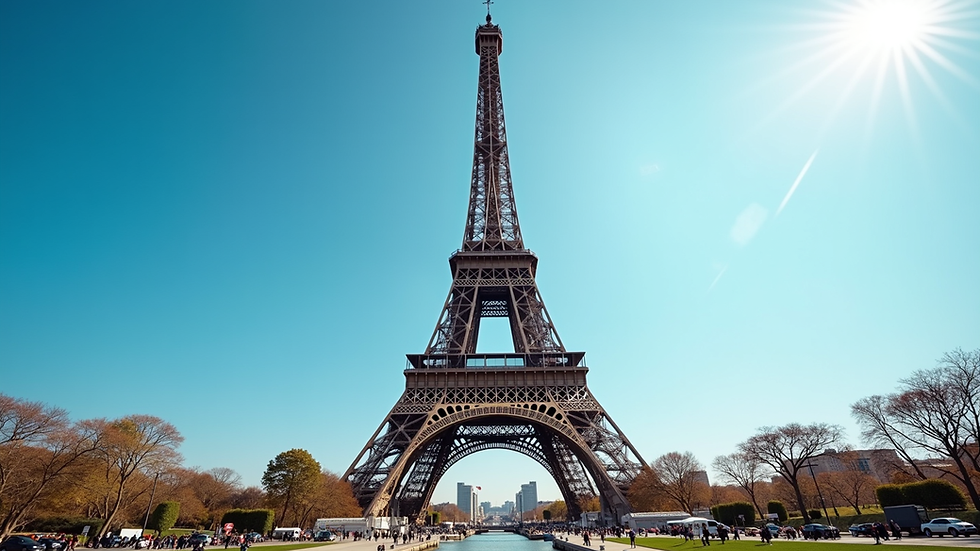 Eye-level view of the Eiffel Tower in Paris with clear blue sky