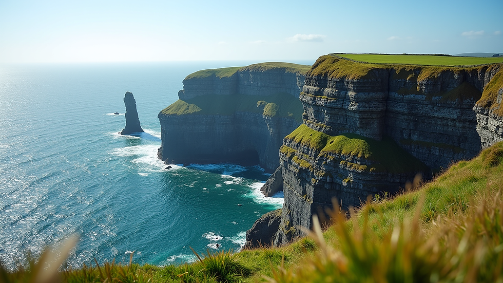 Wide angle view of the Cliffs of Moher on a sunny day