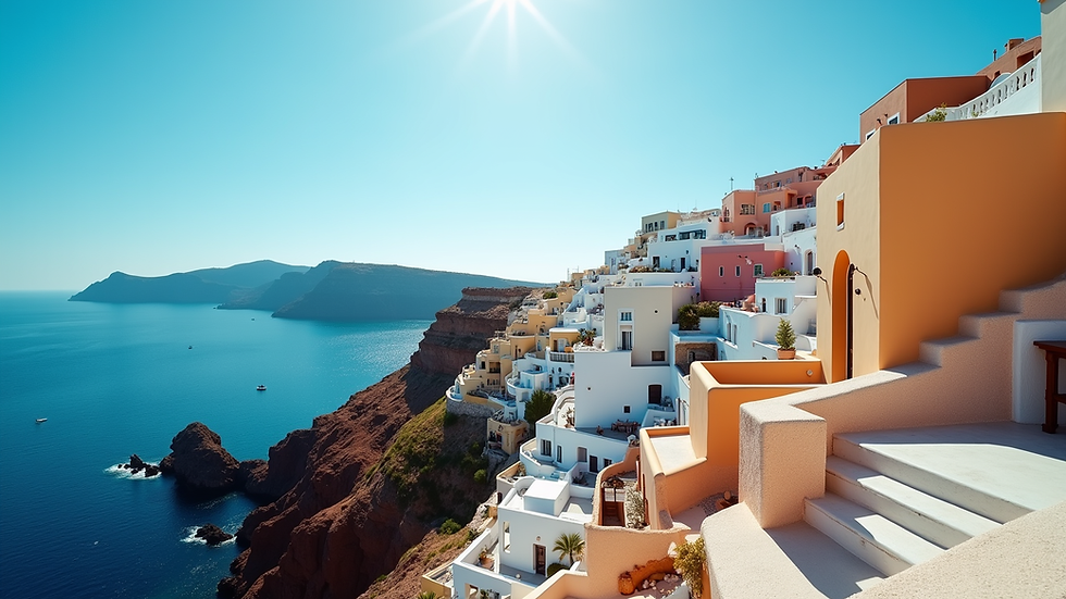 Eye-level view of colorful buildings on Santorini cliffside