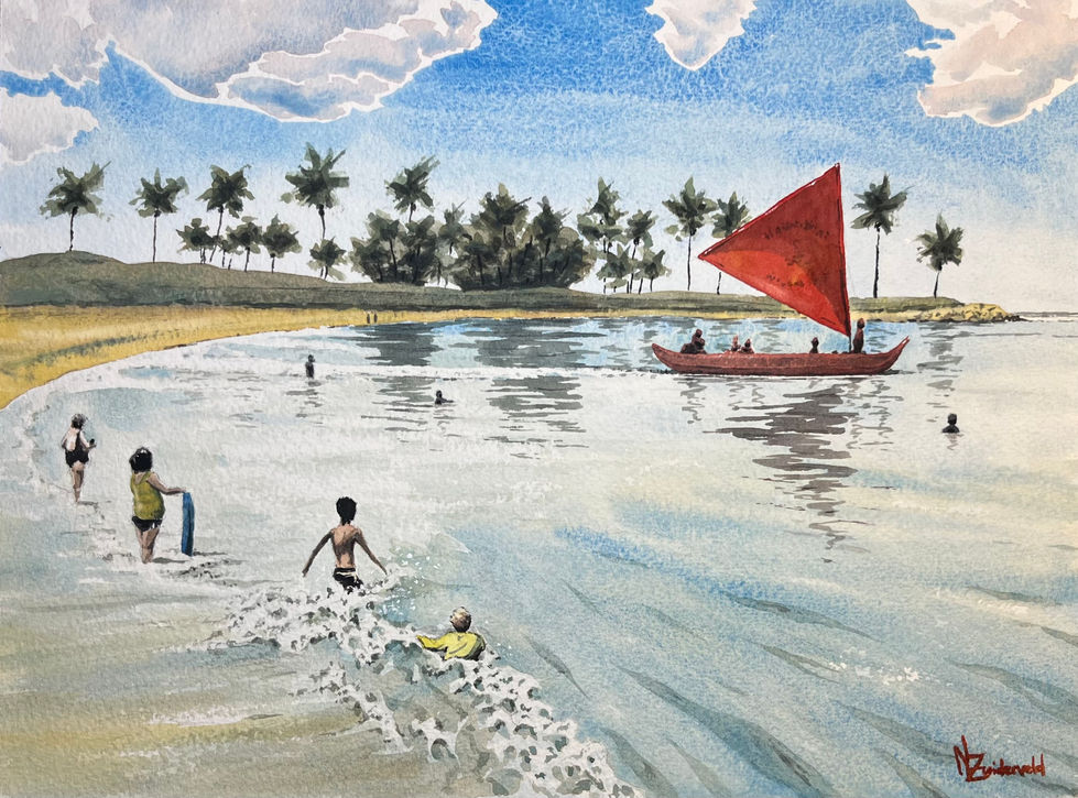 Outrigger Leaving the Lagoon watercolor painting
