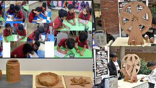 Grade 1 Goodall learners sketching design ideas in the classroom, clay pot models made during the project, and students presenting the Pots Pro rotating wheel prototype at the Keystone School Student Led Conference