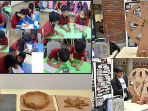 Grade 1 Goodall learners sketching design ideas in the classroom, clay pot models made during the project, and students presenting the Pots Pro rotating wheel prototype at the Keystone School Student Led Conference