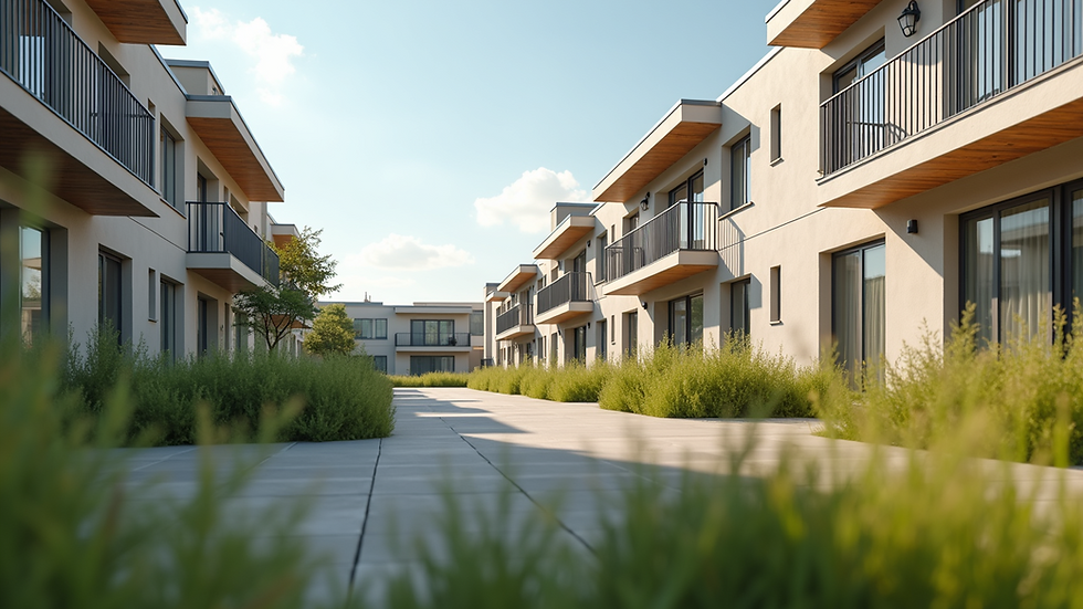 Eye-level view of a newly constructed affordable housing complex
