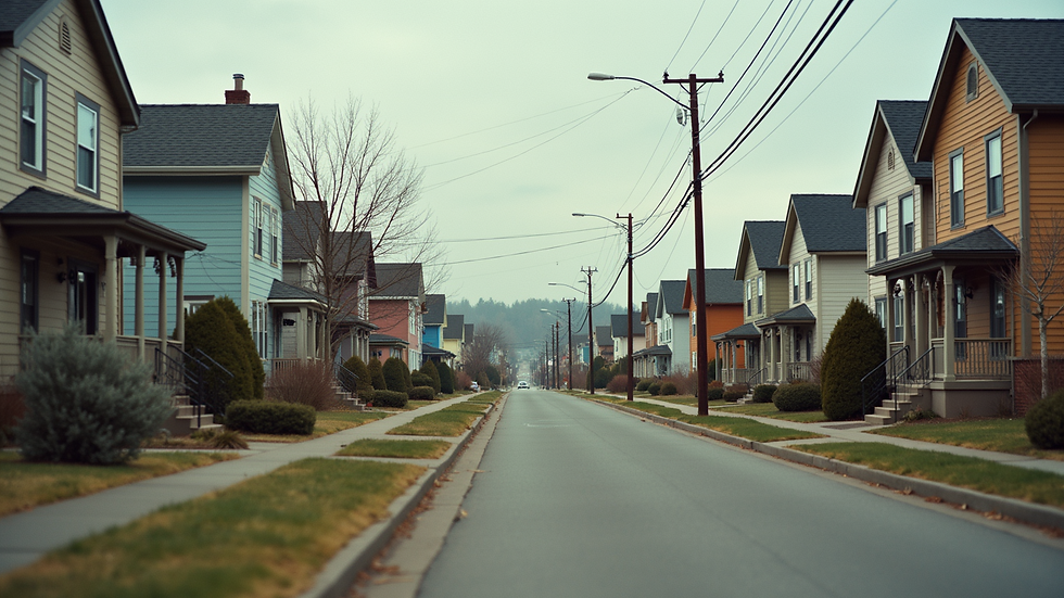 Eye-level view of diverse housing styles in an urban neighborhood