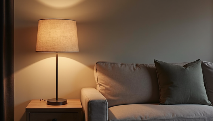 Vue latérale d’un luminaire design installé dans un salon moderne, mettant en avant la qualité et la finition