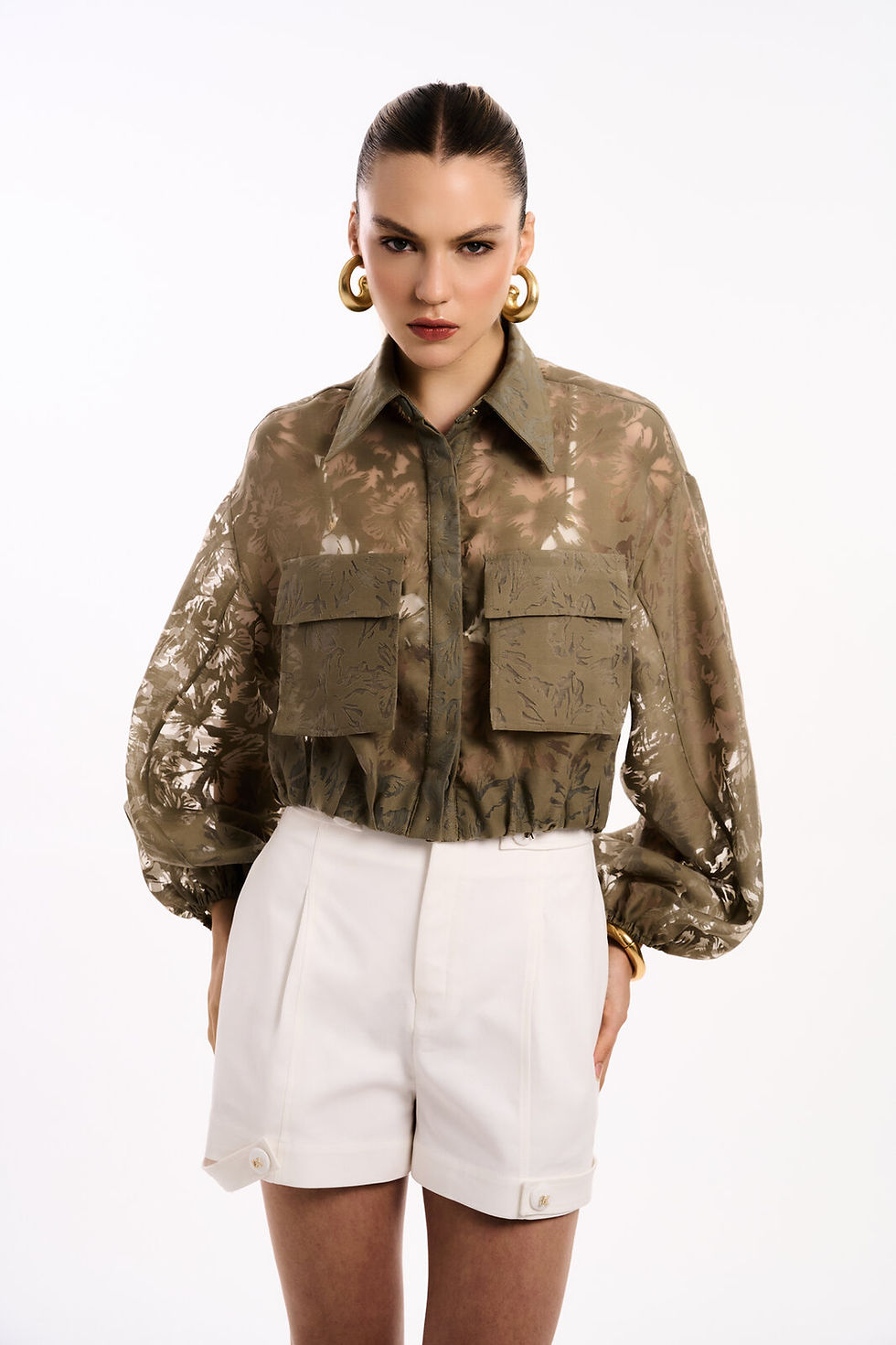 Thumbnail: Devoré Organza Cropped Bomber Shirt