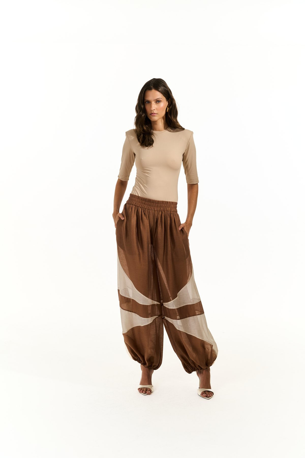 Two-Tone Elastic Waist Pants