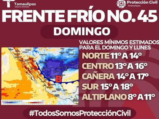 ALERTA PROTECCIÓN CIVIL POR INGRESO DE FRENTE FRÍO ESTE FIN DE SEMANA.