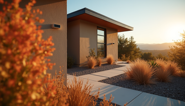 Eye-level view of a custom home exterior with fire-resistant wall materials in a WUI zone