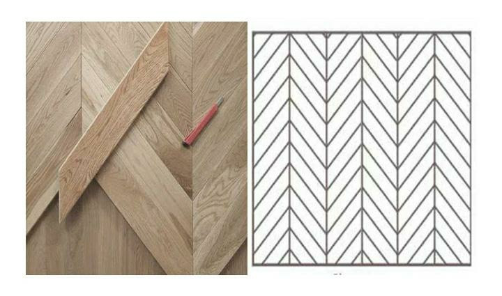 pemasangan dengan pola Chevron pada lantai kayu solid