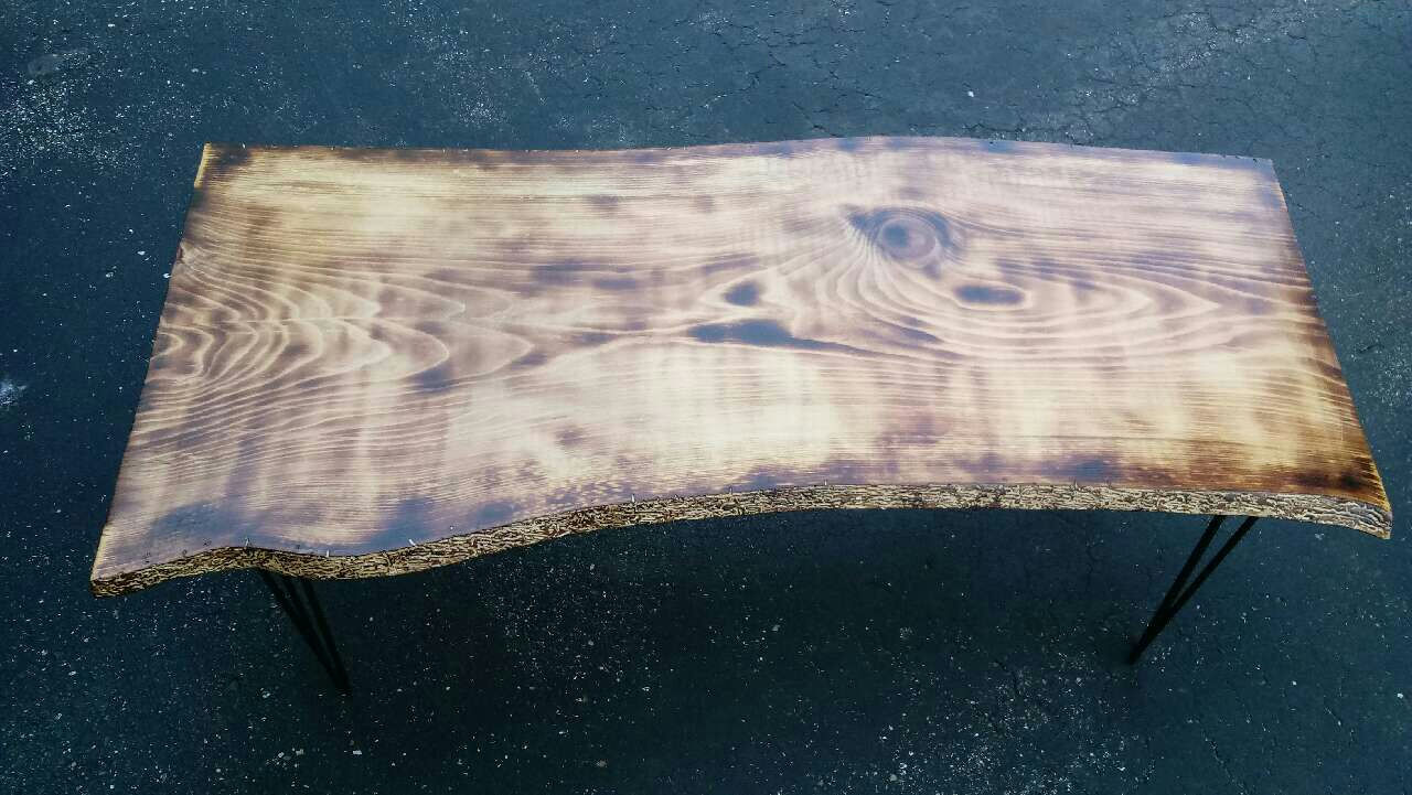 Torched live edge, ash coffee table