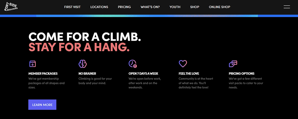 Dark Portside Boulders homepage with menu and headline Come for a climb. Stay for a hang., plus member, pricing, and open 7 days icons