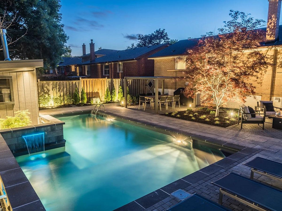 Smart LED lighting and technology integrated into luxury backyard poolscape