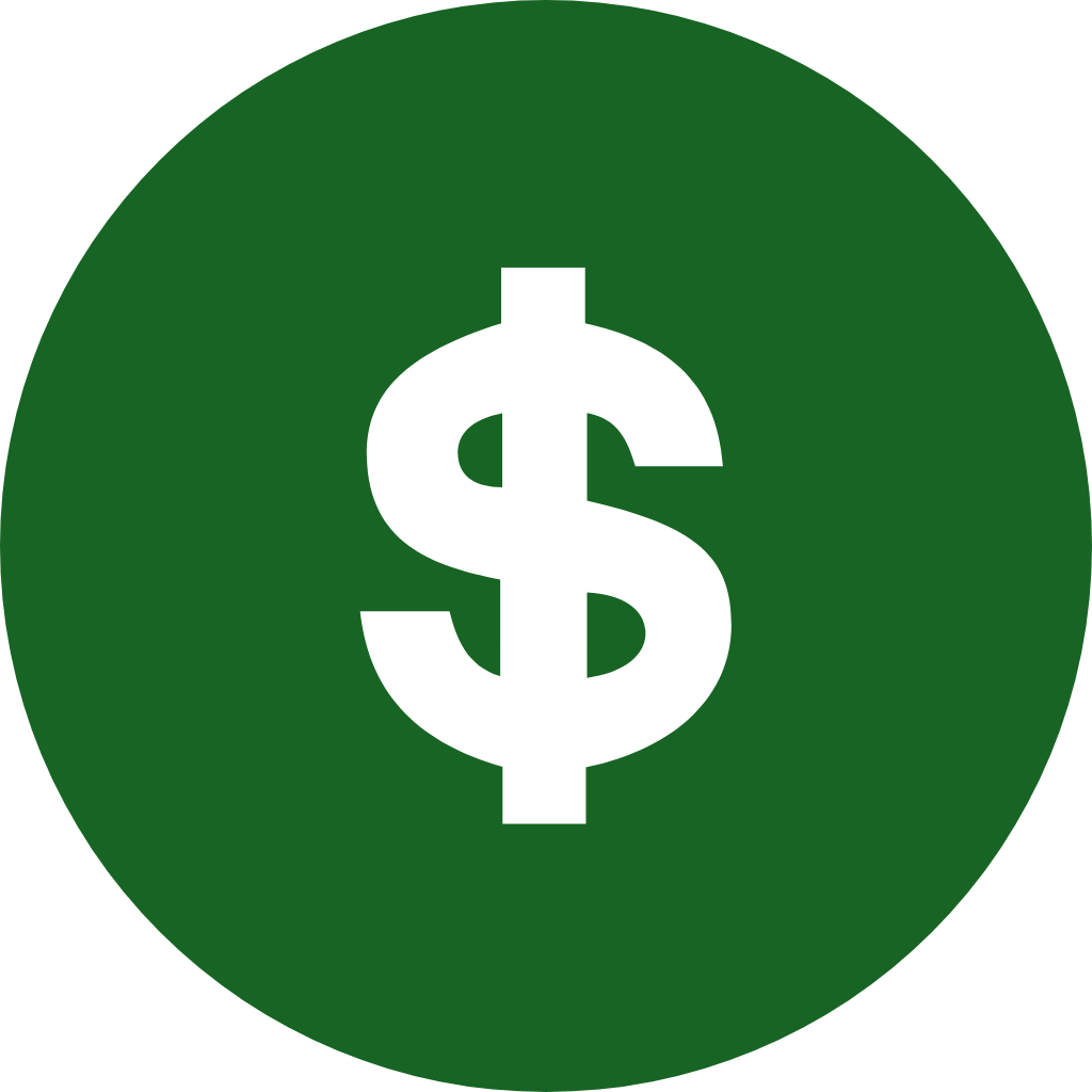 White dollar sign symbol on a solid green circular background, representing money.