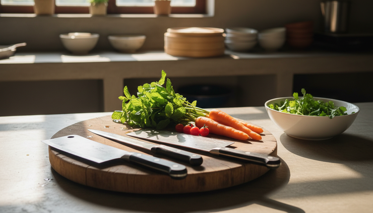 Wide-angle view of a clean kitchen counter with common cooking knives and fresh vegetables