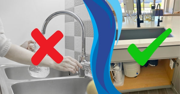 a glass being filled with tap water next to a photo of a reverse osmosis system installation