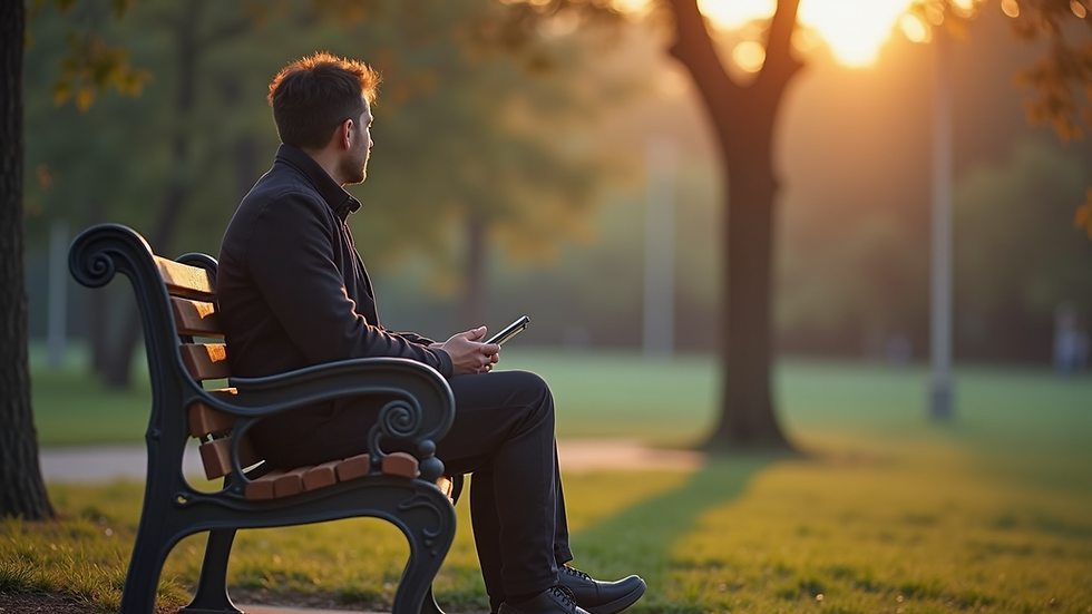 Eye-level view of a person sitting alone on a park bench looking thoughtful