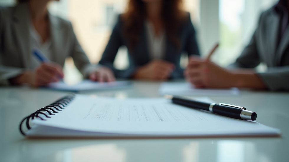 Eye-level view of a counselling session with a notebook and pen on the table