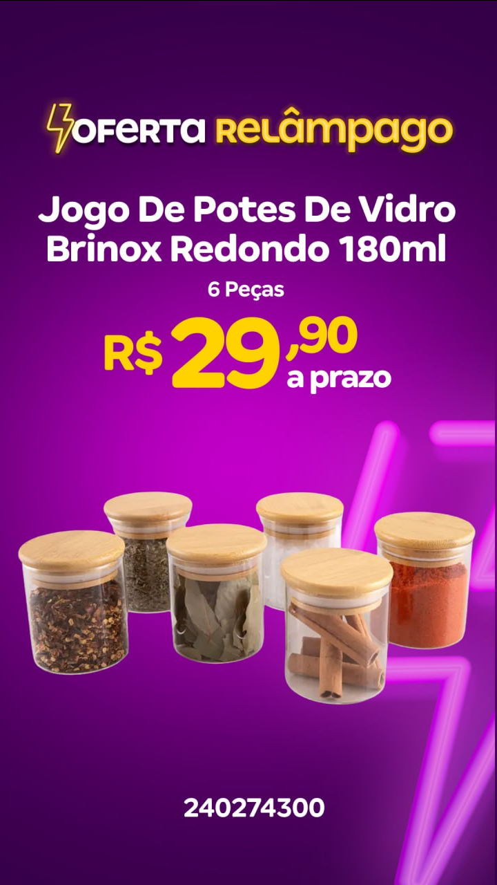 Jogo de Potes de Vidro Brinox Redondo 180ml Ekko Lock & Stock 6 Peças(Magazine Luiza)R$29,90