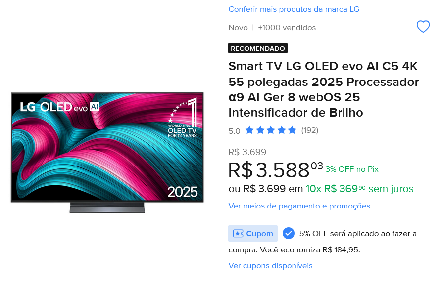 Smart Tv 55 4k LG Oled Evo Gaming TV OLED55C4PSA,Processador α9 Ger7 AI Painel 144Hz(Mercado Livre)R$3.408 no Pix//R$3.514 em 10X