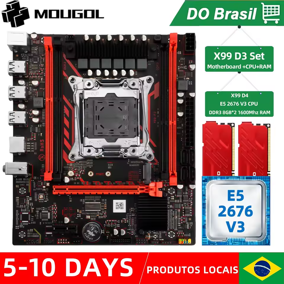 Kit de Placa Mãe Mougol X99 D3 + CPU Xeon E5 2676 V3 LGA2011-3 + Memória RAM DDR3 2X8GB 1600MHz(AliExpress)R$587🇧🇷Produto no Brasil 