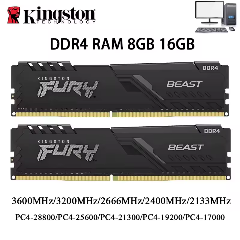 Kingston Fury BEAST Memória Ram DDR4(AliExpress)8GB 2400MHz-R$220/8GB 3200MHz-R$243/8GB 3600MHz-R$284/16GB 2400MHz-R$447/16GB 2666MHz-R$447/16GB 3200MHz-R$550/8GBX2 2666MHz-R$489/8GBX2 3200MHz-R$571