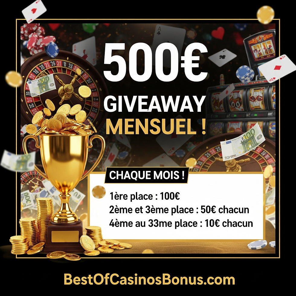 Giveaway mensuel de 500€ sur BestOfCasinosBonus.com, avec des prix de 10€ à 100€.