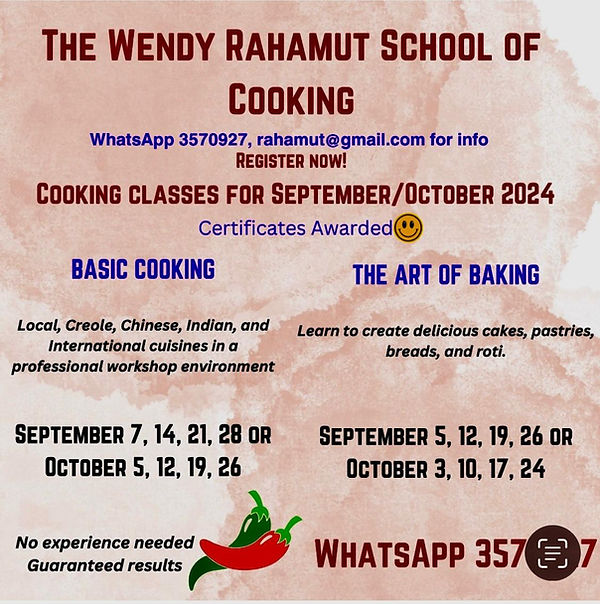 Wendy Rahamut Cooking Classes September-October 2024