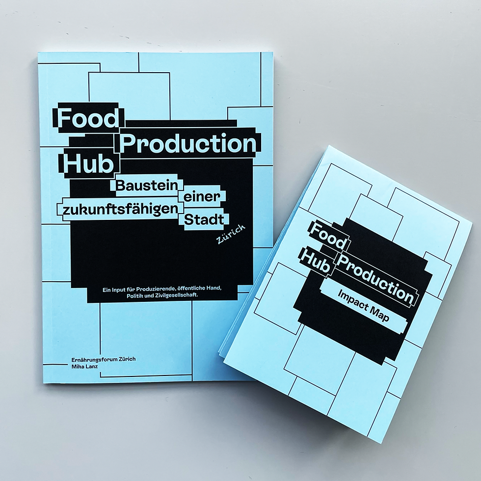 Zwei hellblaue Publikationen zum «Food Production Hub Zürich»: Links die Hauptbroschüre «Food Production Hub – Baustein einer zukunftsfähigen Stadt Zürich», rechts ein kleiner Einleger mit der «Impact Map». Beide zeigen ein grafisches, modular aufgebautes Cover in Schwarz und Blau.