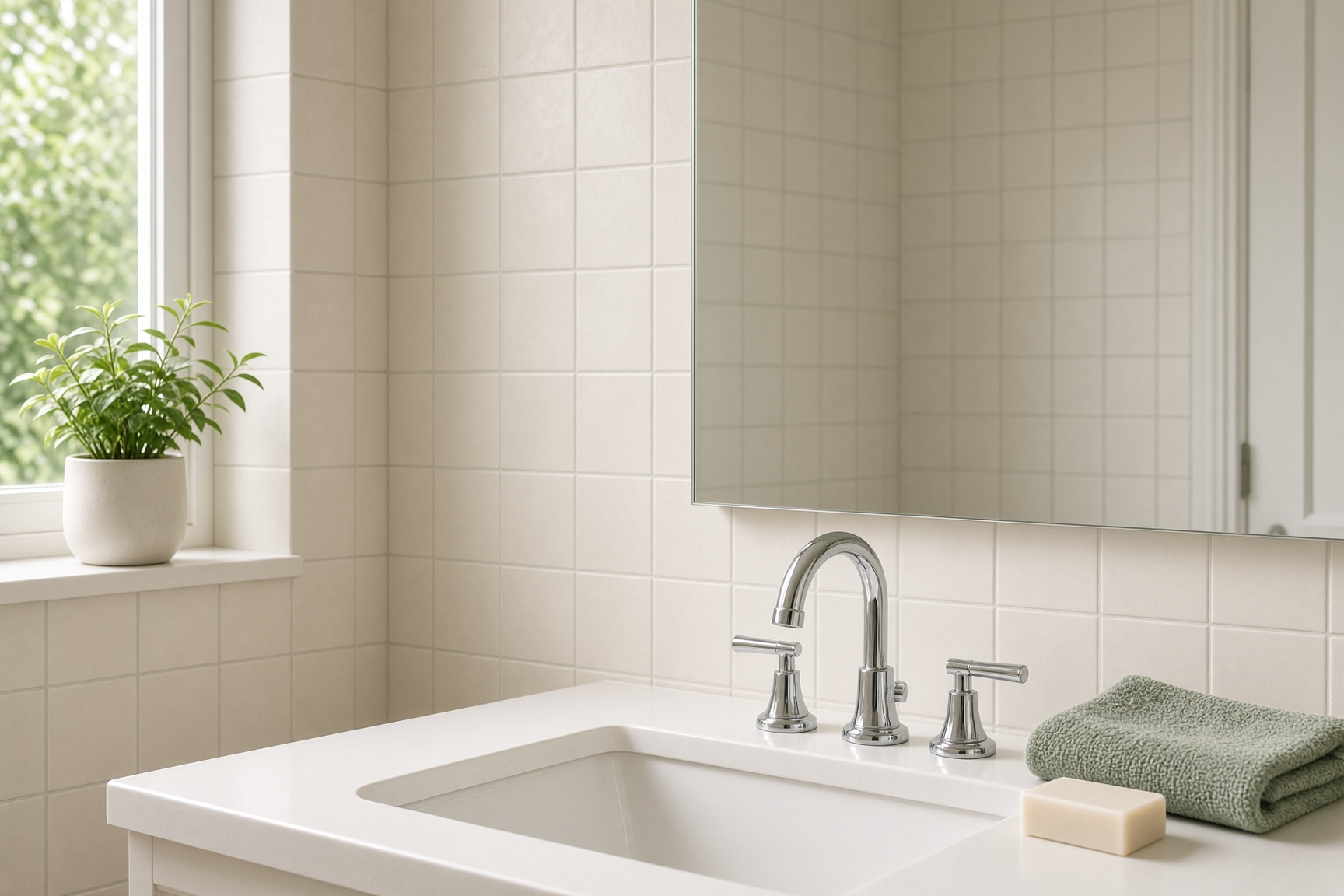 A clean bathroom with a folded towel and a simple soap