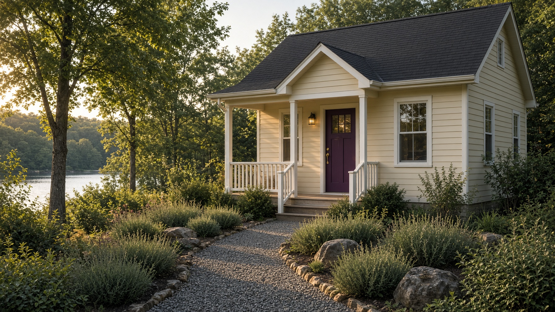 A lakeside cabin with cream siding and a plum door in late light