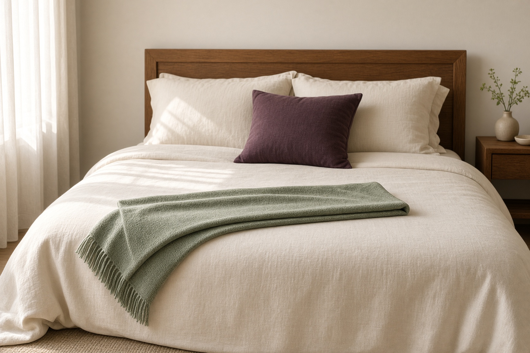 A freshly made bed with cream linens and a sage throw