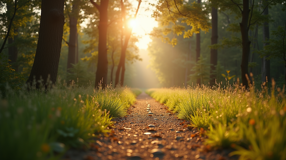 Close-up view of a peaceful nature trail with sunlight filtering through trees