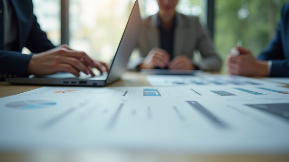 Close-up view of a business meeting with documents and laptops on a table