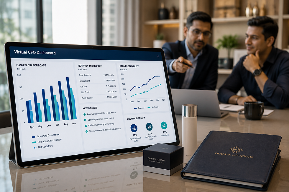 a Virtual CFO is presenting an executive financial dashboard on a large digital screen displaying cash flow forecasts,