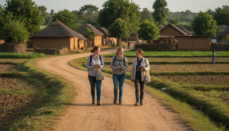 Wide-angle view of community facilitators walking through a rural pathway