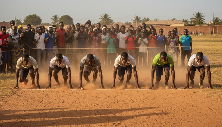 Eye-level view of runners starting a relay race on a community sports field.