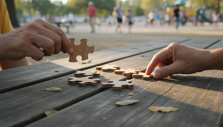 Close-up of hands arranging wooden puzzle pieces on a picnic table outdoors