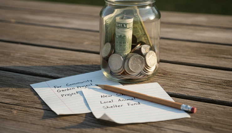 Close-up view of a glass donation jar beside handwritten funding notes on a picnic table.