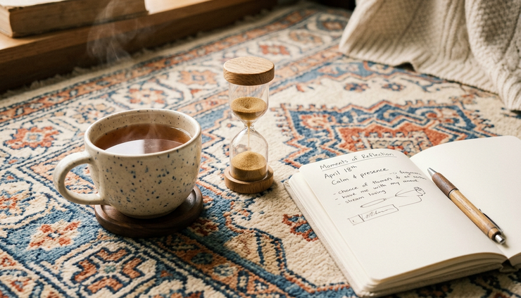 Overhead view of a small sand timer beside a cup of tea and an open notebook on a rug.