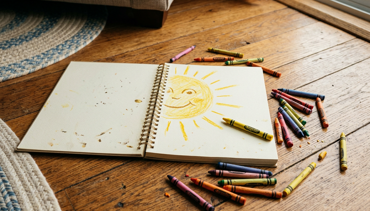 Eye-level view of a childlike sketchbook with crayons and a half-drawn sun on a wooden floor.